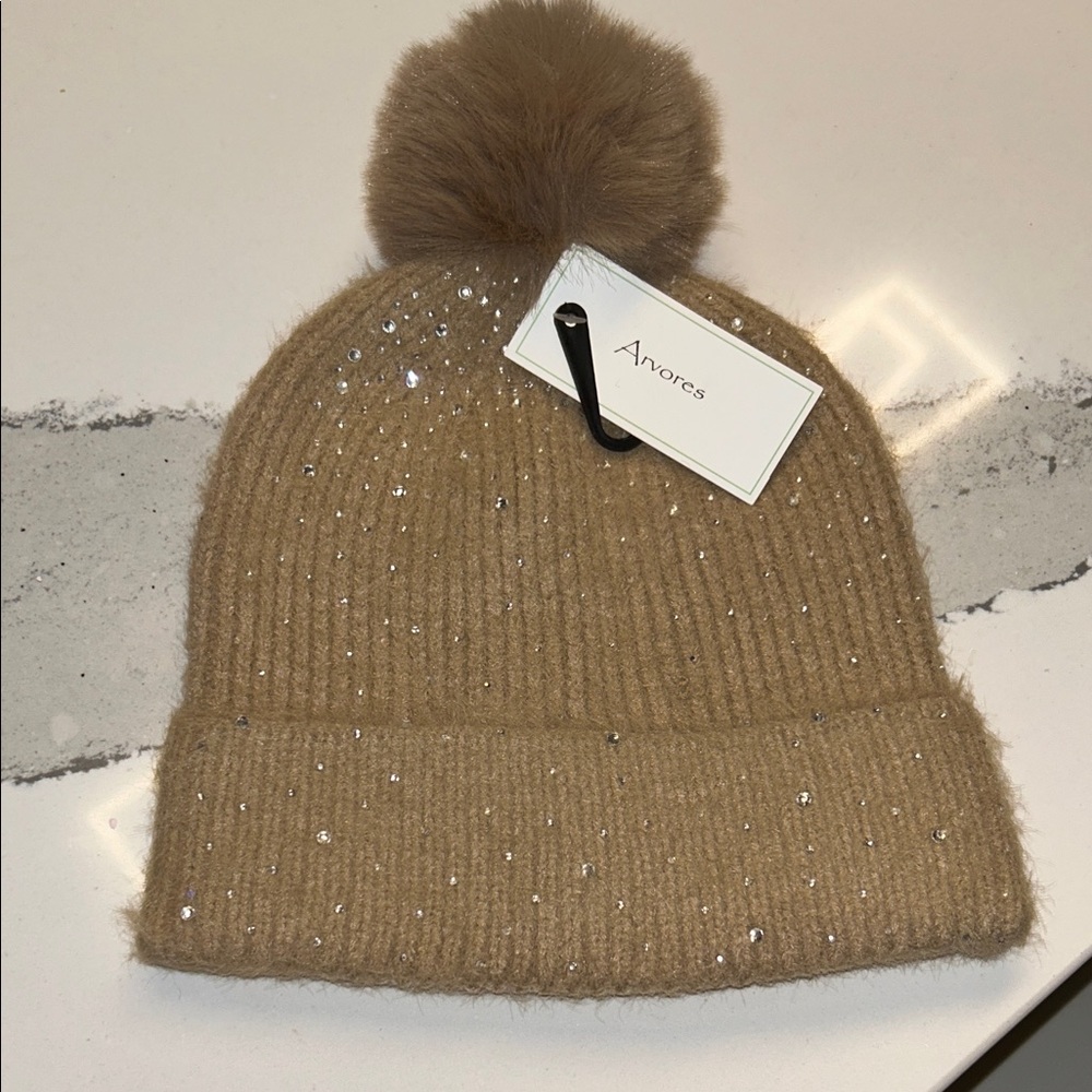 Tan Sparkle Knit Pom-Pom Hat